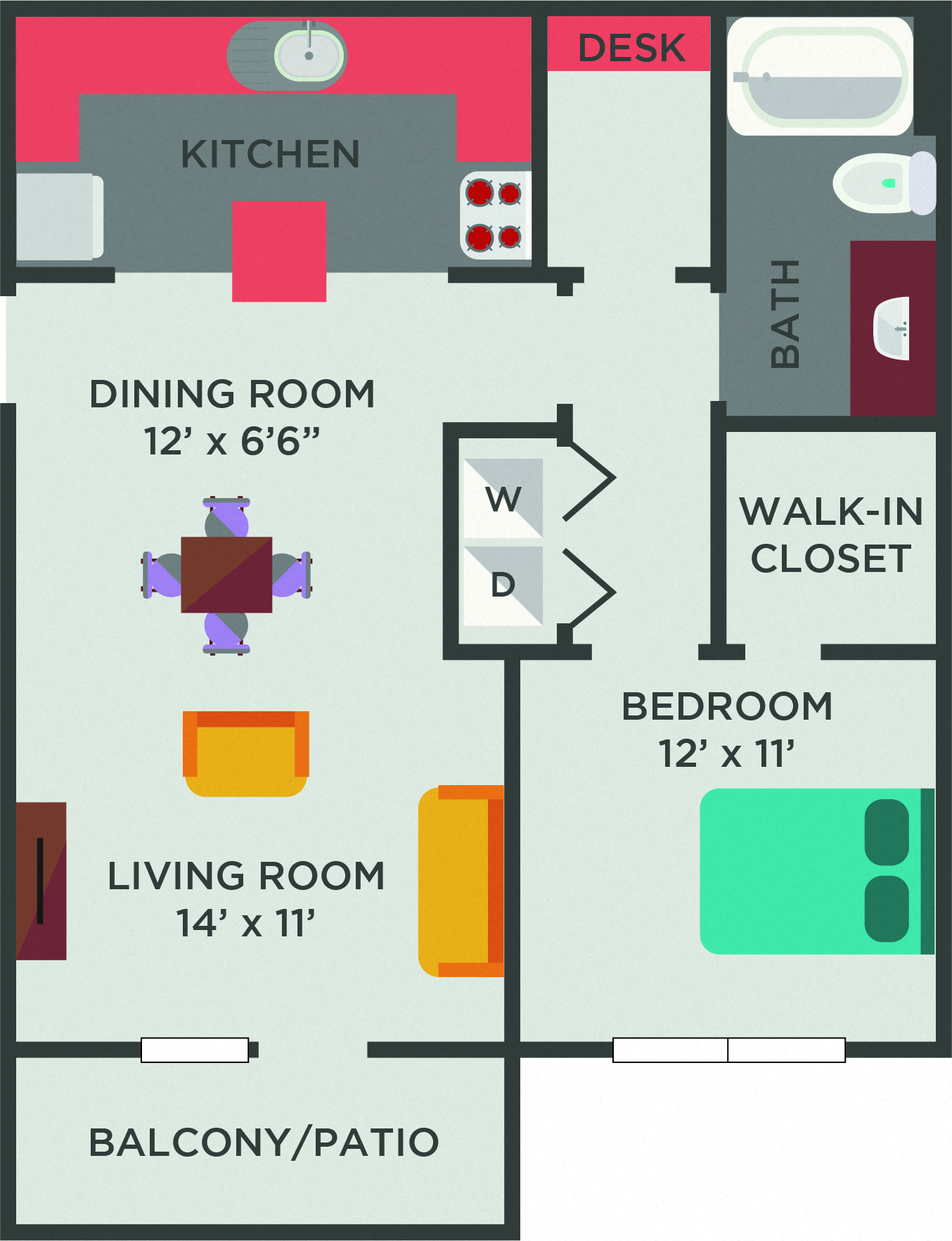 Floor plan for 1 bed, 1 bath, 797 sqft